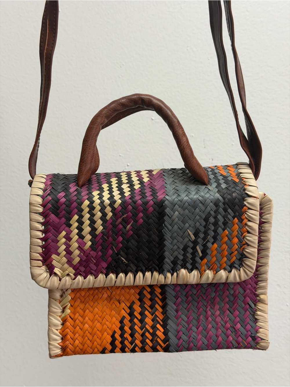 Woven Multicolor Straw Crossbody Bag - Brown Handle